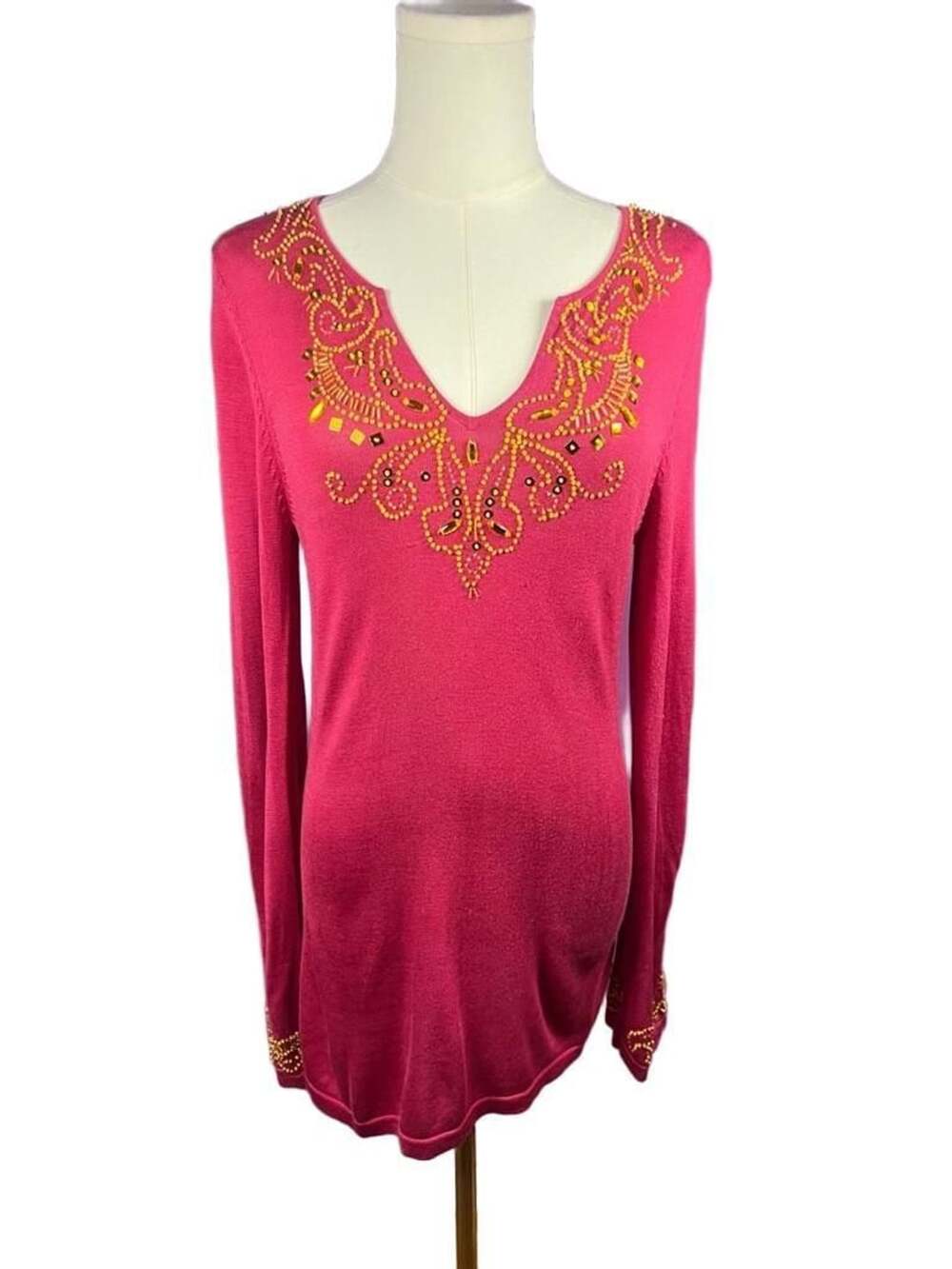 Lucia Burns Beaded Sequin Silk Blend Sweater Size M Pink Long Sleeve